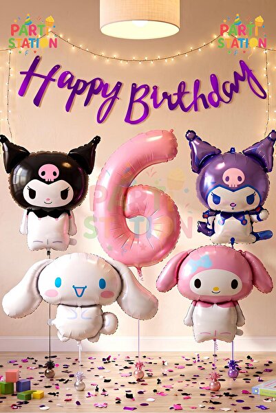 Parti Station Sanrio Kuromi Melody Cinnamon 6 Yaş Pembe Balon Set Anime Kurom...