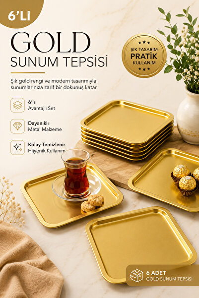 DEVADA HOME 6'lı Kare Gold Paslanmaz Çelik Kahve Sunum Dekoratif Sunum Tepsisi