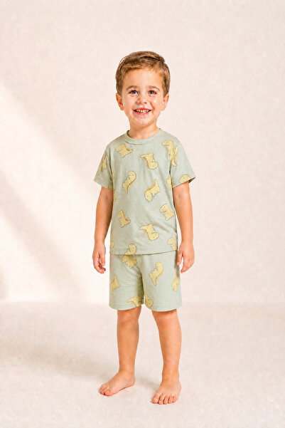 aden kids Erkek Çocuk Pijama Takımı %100 Pamuk Dinozor Baskılı Yazlık Kısa Ko...