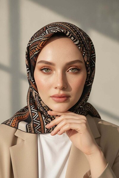 Vissona %100 Twill İpek Etnik Desenli Siyah - Taba Renkli 90x90 Eşarp Dikim Ş...