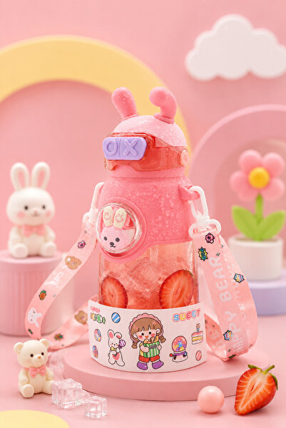 M&B WATER BOTTLE 750 ml Pipetli Çocuk Matarası - Astronot Tavşan Figürlü Sızdırmaz Askılı Okul Suluğu (BPA Yok)