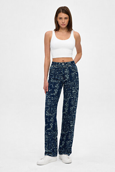 Kadın Yüksek Bel İndigo Jakarlı Wide Leg Jean Pantolon Bol Paça Kot Pantolon
