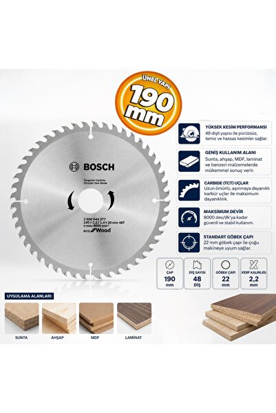 Bosch 190 mm 48 Diş Sunta Ahşap Mdf Kesme Testeresi Kesici Disk 190 mm 48 Diş
