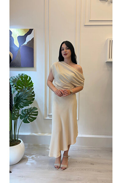 SHIN Butik SHIN Bej Drapeli Tek Omuz Midi Elbise