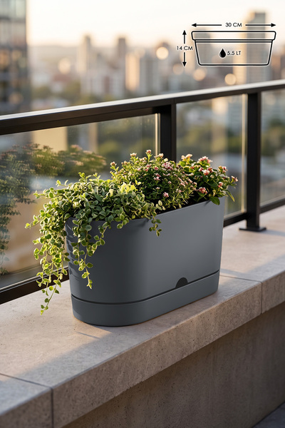 ToXA 5.5 Litre Gri Begonya Balkon Saksı Dekoratif Tabaklı Izgarasız Mat Plast...