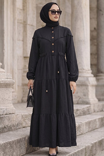 Neva Style Μαύρο Φόρεμα Τεσεττούρ με Πτυχώσεις 10334S