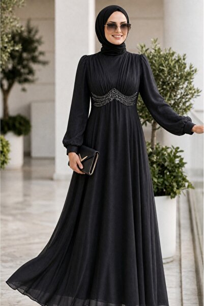 N.S NEVA STYLE Beaded Detailed Black Hijab Evening Dress 6295S