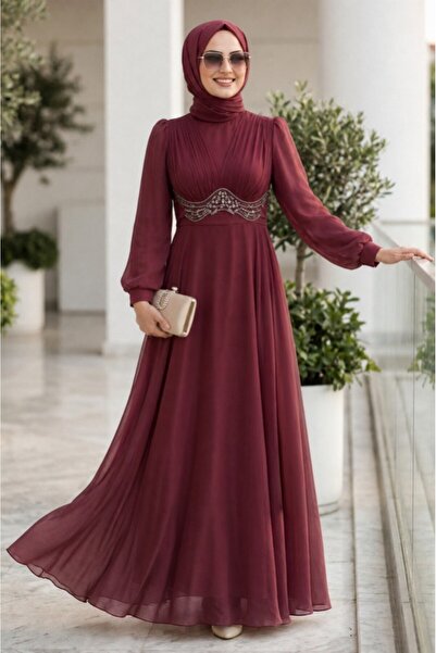 N.S NEVA STYLE Beaded Detailed Burgundy Hijab Evening Dress 6295Br
