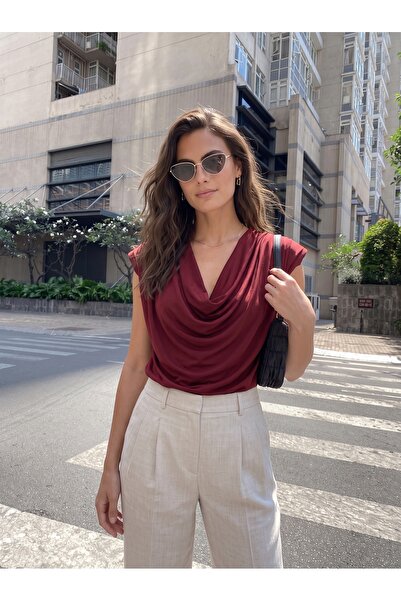 ONLOOX Burgundy Viscose Textured Drapey Collar Draped Form Padded Shoulder De...