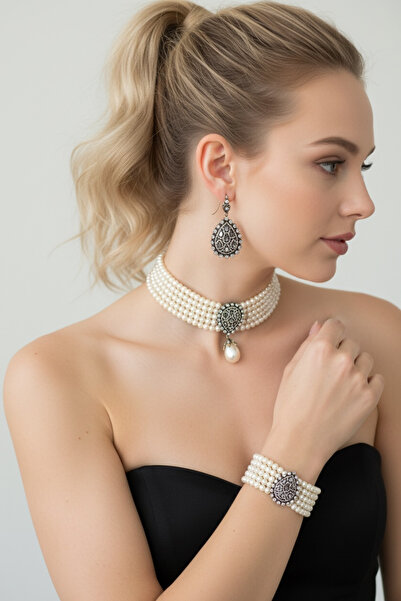 FUYA JEWELLERY Elmas Montür Zirkon Taşlı İnci Kolye, Küpe, Bileklik Set