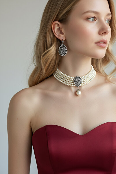 FUYA JEWELLERY Elmas Montür Zirkon Taşlı İnci Kolye, Küpe Set
