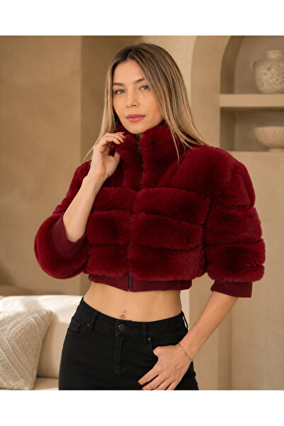 Kadın Kırmızı Kısa Suni Kürk Ceket Dik Yakalı Crop Model Özel Üretim