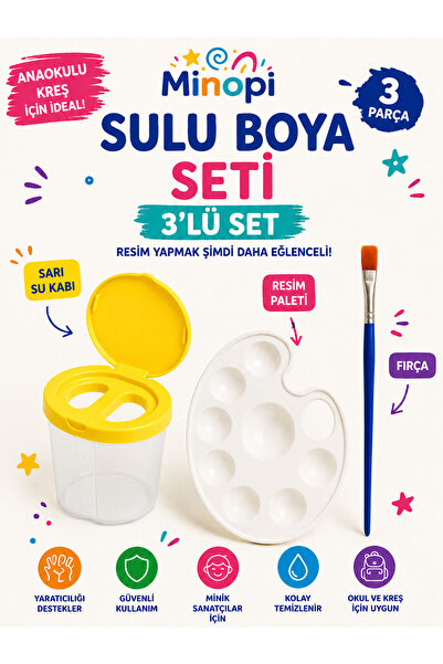 Minopi Sulu Boya Seti 3'lü Set ( Sarı Su Kabı + Resim Paleti + Fırça ) Anaoku...