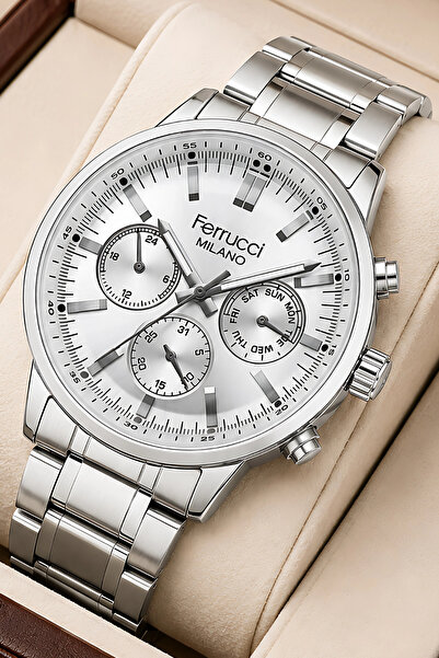 Ferrucci Function Men's Wristwatch Steel Band Steel Case+Bracelet Silver-Whit...