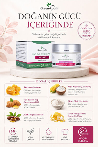 Green Youth Krem Kadın deodorantı, İNTENSE | %100 Doğal–Alüminyum, Alkol& Par...
