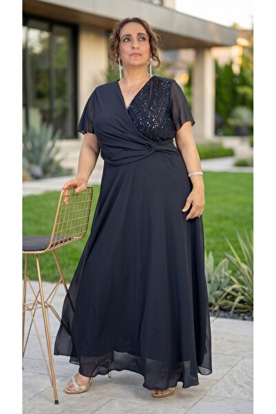 yagmurberen Kruvaze Breast Angel Sleeve Sequence Lined Skirt Plus Size Chifon...