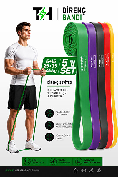 Thundara 5'li SET 5+15+25+35+45 KG Direnç Bandı Gym Barfiks Lastiği Antrenman...