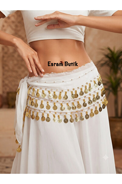 Esram Butik Beyaz Şakira Kemeri, Oryantal Dansöz Kemeri Pullu Zilli Kına Eğle...