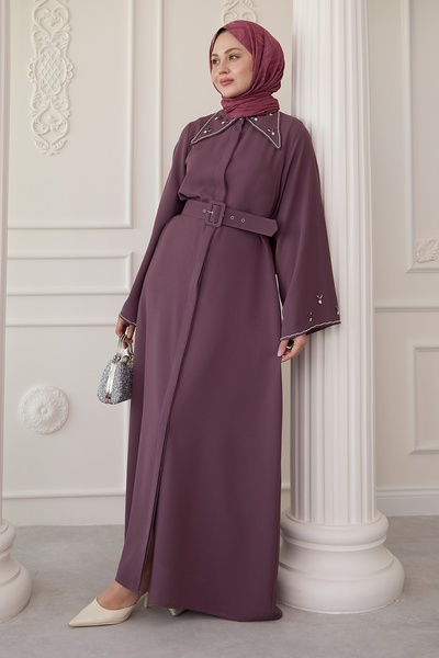 InStyle Üçgen Yaka Taşlı Gül Abaya