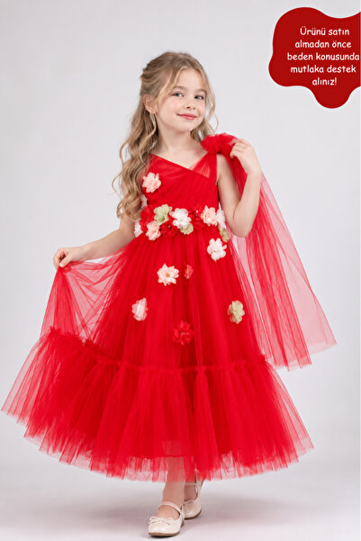 Eray Kids Kız Çocuk Uzun Abiye Elbise Çapraz Omuzlu Çiçek Detaylı 6-9 Yaş