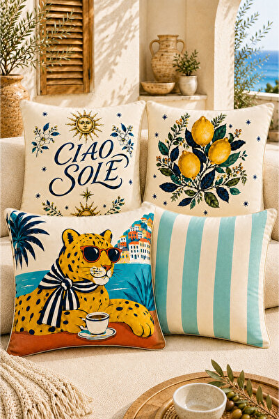 Tilda BSC. & Home Kırlent Kılıfı Seti Riviera Desenli 4’lü, Panter, Limon, Ci...