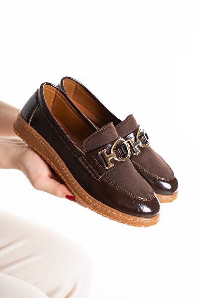 SEFERİ Women's Brown Shiny Loafer Moccasin Buckle Classic Casual Shoes S2546