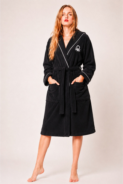 Benetton Home Bathrobe Men Women Unisex Black 100% Cotton