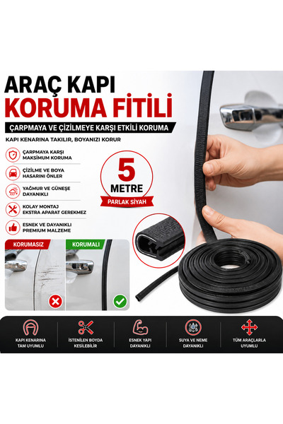 Şanlı Tuning Oto Araç Kapı Koruma Fitili 5metre Parlak Siyah Renk Çarpma Çizi...