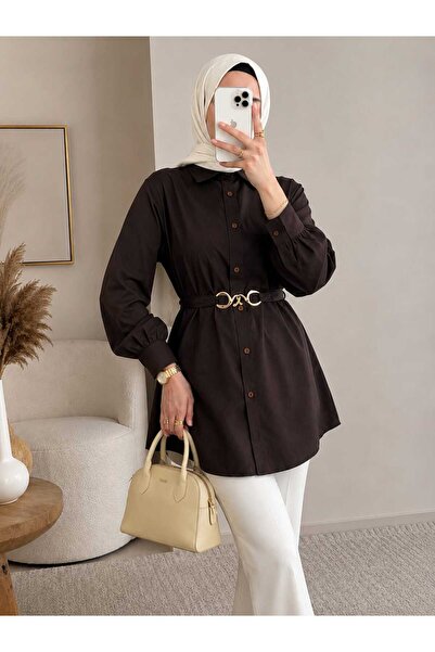 YEK&BİR Women's Gold Belt-Detail Balloon Sleeve Tunic Shirt