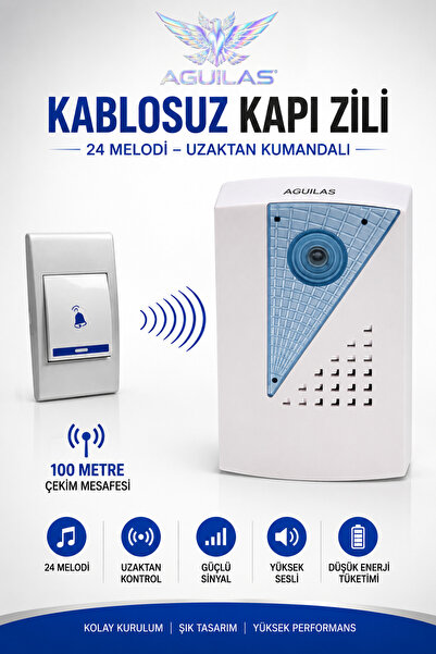 AGUILAS 24 Melodi Lüks Uzaktan Kumandalı Kablosuz Kapı Zili 100 Metre