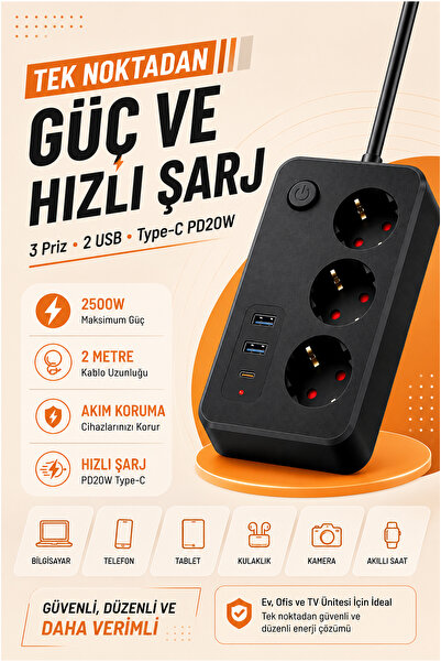 Light Nova 3'lü Çoklu Priz | 2500W | PD20W Hızlı Şarjlı | 2xUSB | 1xType-C | ...