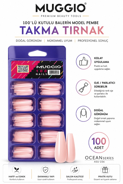 Muggio 100'lü Kutulu Balerin Protez Takma Tırnaklar Pembe