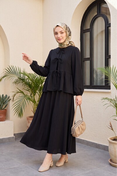 Modamorfo Tie-Front Crinkle Kimono Set with Elastic Sleeves and Skirt - Black