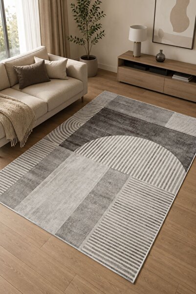 Serente Home Modern Desenli Yıkanabilir Kaymaz Antrasit Gri Bej Şönil Antre H...