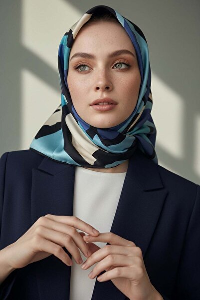 Vissona 100% Twill İpek Dalga Desenli İndigo - Petrol Mavisi Renkli 90x90 Dik...