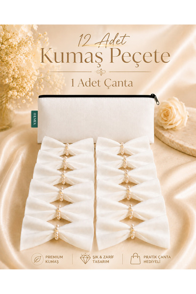ilmek Beyaz 12'li Kumaş Peçete ve Inci Sunum Yüzüğü Özel Dikişsiz Jarse Kumaş