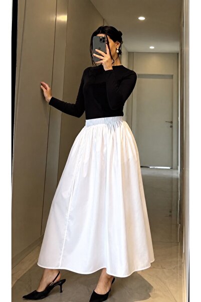 La MatildaLingerie Premium Elastic Waist Pocket Poplin White Skirt