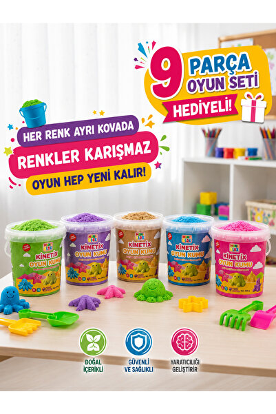 MİNİBLOX Doğal Kinetik Oyun Kumu 2,5 KG (5×500 GR Ayrı Kova) – 9 Parça Oyun S...