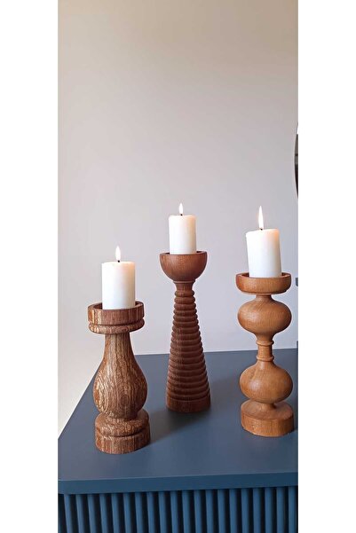 Wotrart Dekoratif Ahşap Mumluk Şamdan Aksesuar Boyut : 25/22/19 Cm Mum Çap: 5...