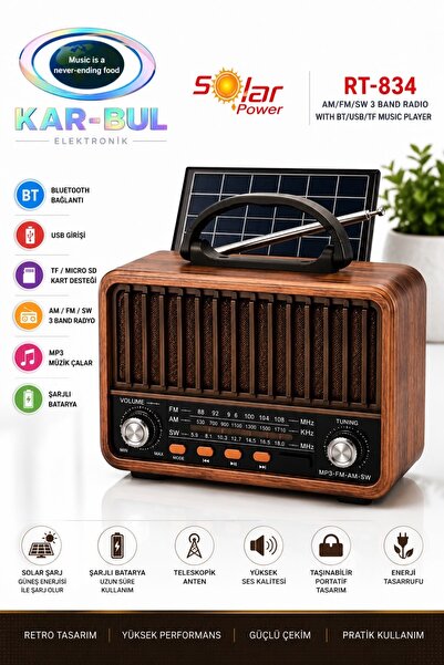 kar-bul Rt-834 Orta Solar Güneş Enerjili Bluetooth, Nostalji ,band Radyo ,usb...