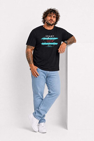 Starbattal Men's Oversize Crew Neck T-Shirt Start Stop 25178 Black