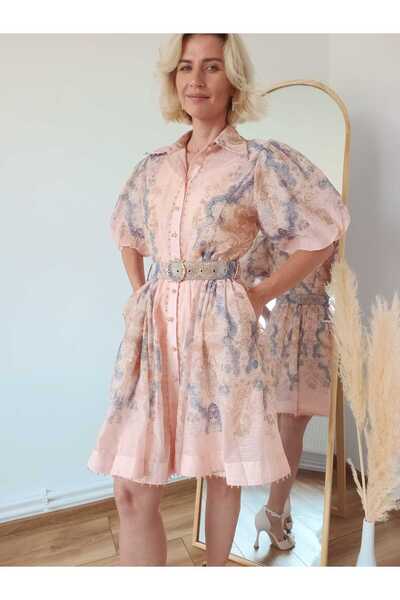 NICI UN BREND Rochie eleganta roz pudrat cu imprimeu floral, maneci bufante s...
