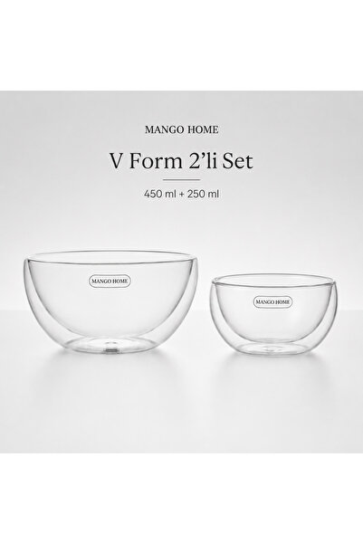 Mango Home V Form Çift Cidarlı Borosilikat Sunum Kasesi- 2'li Cam Set (450ml+...