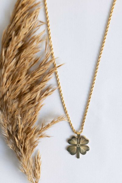 rycollections 316L Steel Gold Color Twisted Chain Lucky Clover Necklace 65cm
