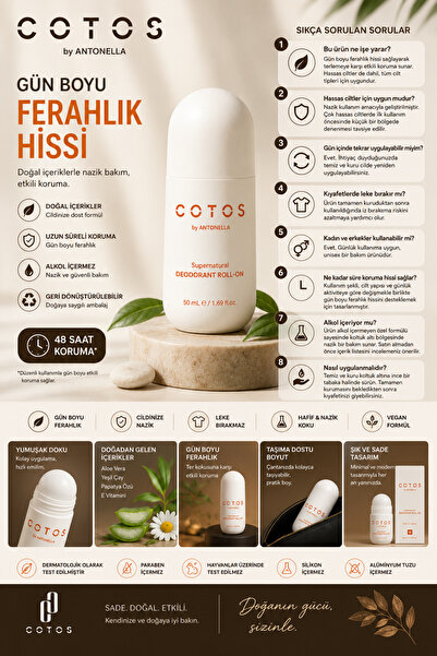 COTOS Prebiyotik Destekli Doğal Roll-On Deodorant – Alüminyum ve Paraben İçer...
