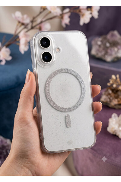 Go Aksesuar Iphone 16 Uyumlu Glitter Magsafe Özellikli Parlak Simli Şeffaf Kılıf