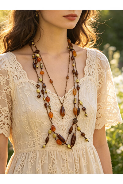 diğeraass Boho Chic El Yapımı Kehribar Boncuklu Çok Katmanlı Uzun Tasarım Kolye