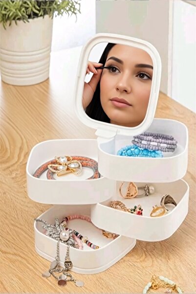 AHİR TİCARET Jewelry Organizer - 4 Tier Mirrored Square 360 Degree Rotating J...