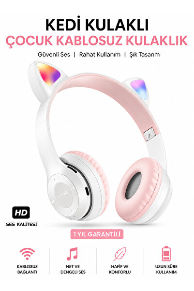 Ayers Kablosuz Bluetooth Kulaküstü Kedili P47m Kulaklık Rgb Işıklı Kedi Desen...