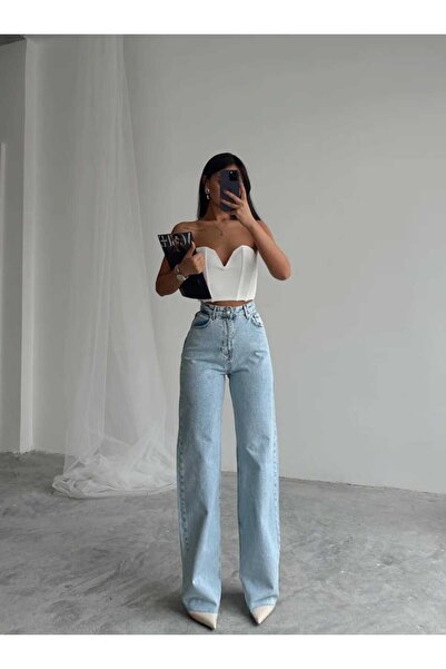 DRC trend Eimy Snow Wash Blue Lycra Super High Waist Loose Jeans Palazzo Trou...